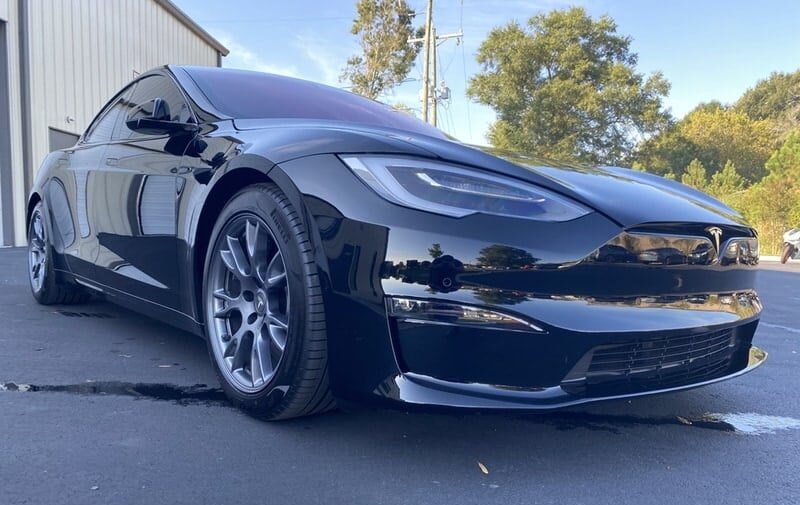 Paint Protection film installed on a black Tesla