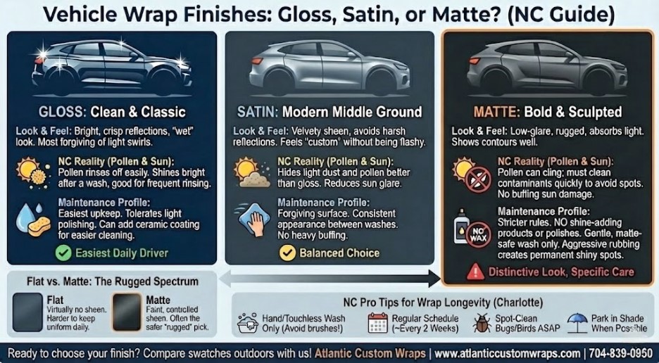 Vehicle wrap infographic featuring popular color change wrap finishes