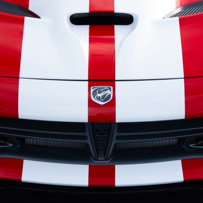 Rally stripes by Atlantic Custom Wraps shown in red and white across a Dodge Viper front end in NC